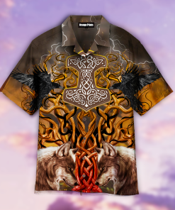 Tree Of Life Odins Raven Fenrir Mjolni Button Down Short Sleeves Shirt