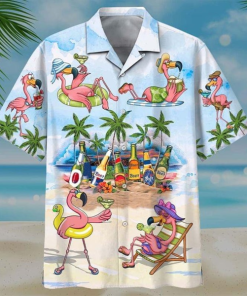 Tropical Flamingo Beach Casual Button Down Short Sleeve Shirt