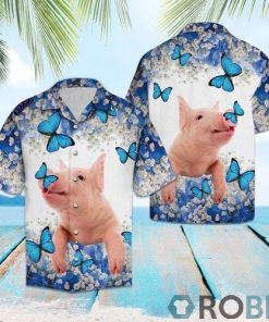 Aloha Shirt Pig Blue And White Flower Hawaiian Shirt