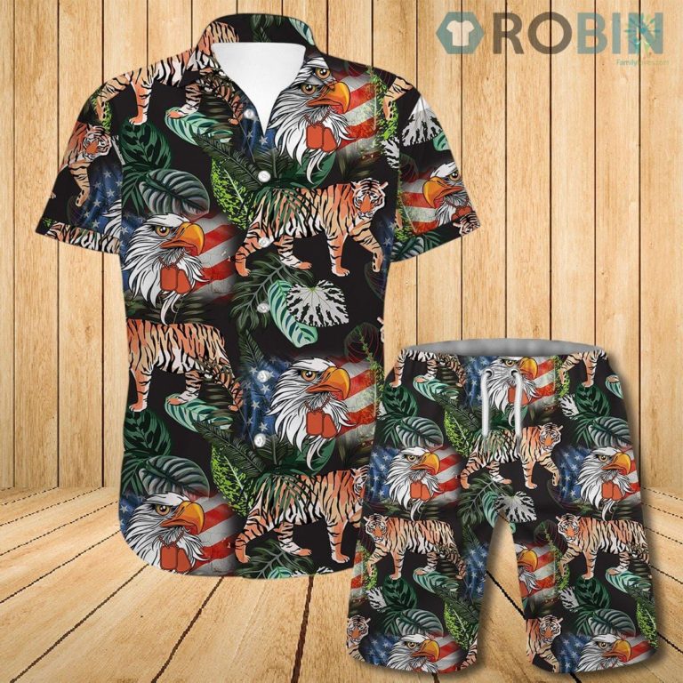 American Eagel Dogtag Veteran Tiger Tropical Hawaiian Shirt and Shorts