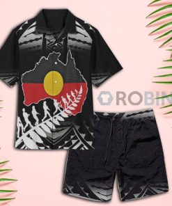 Anzac Day Australian Map Aboriginal Art Black Hawaiian Shirt and Shorts