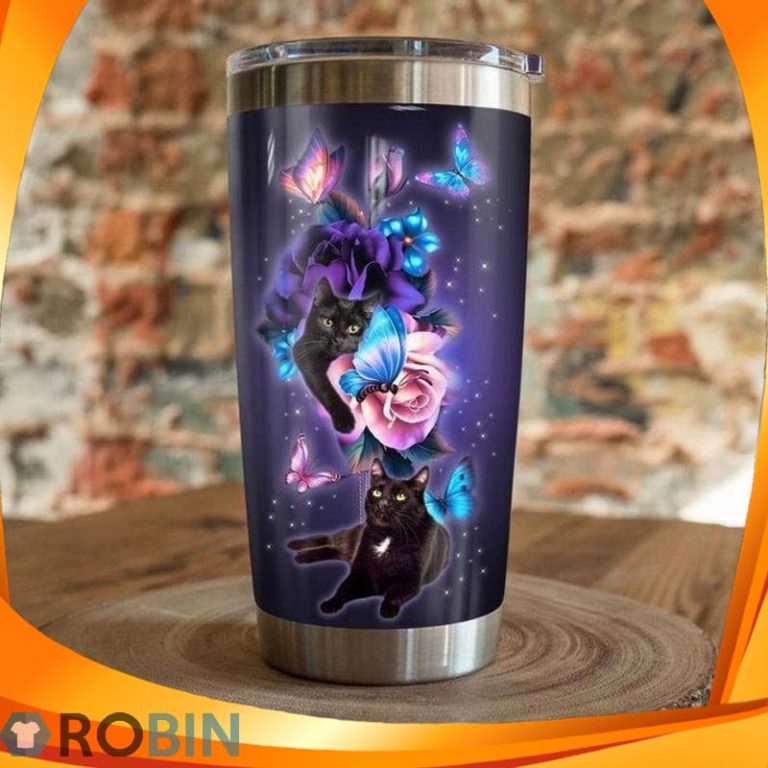 Black Cat And Rose Flower Butterfly Tumbler