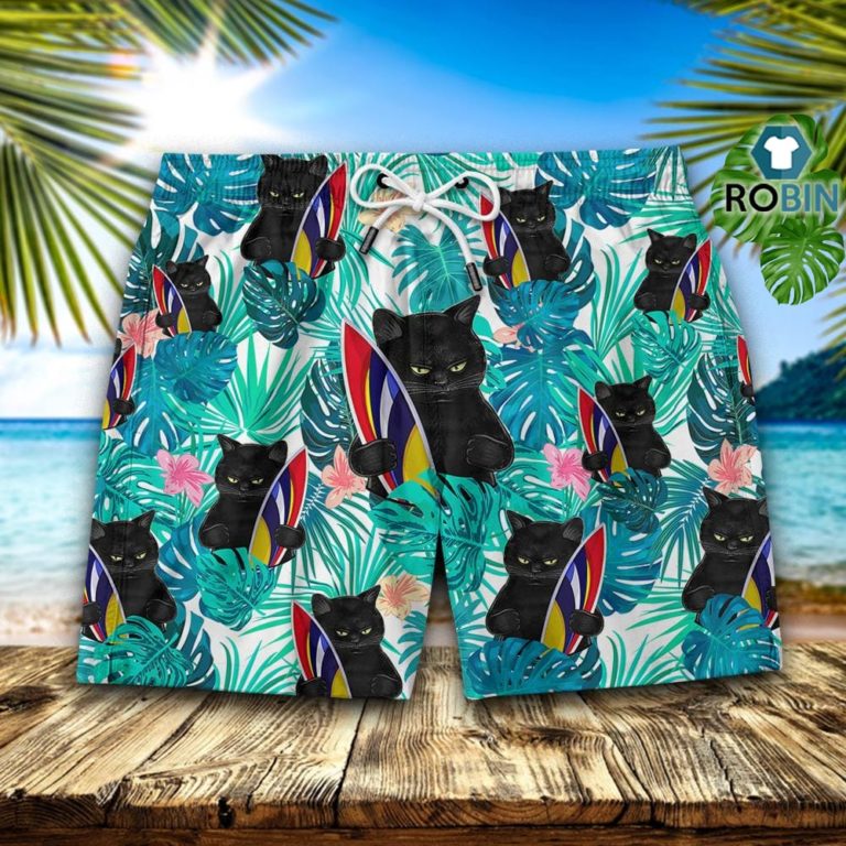 Black Cat Surfing Cat Hawaiian Short