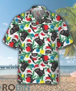 Black Kitten Wearing Santa Hat Hawaiian Shirt Funny Christmas Cat Shirt