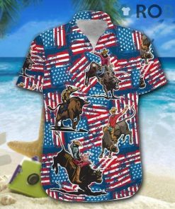 Bull Riding American Flag 4th Of July Aloha Shirt, Short Sleeve Button-up Shirt