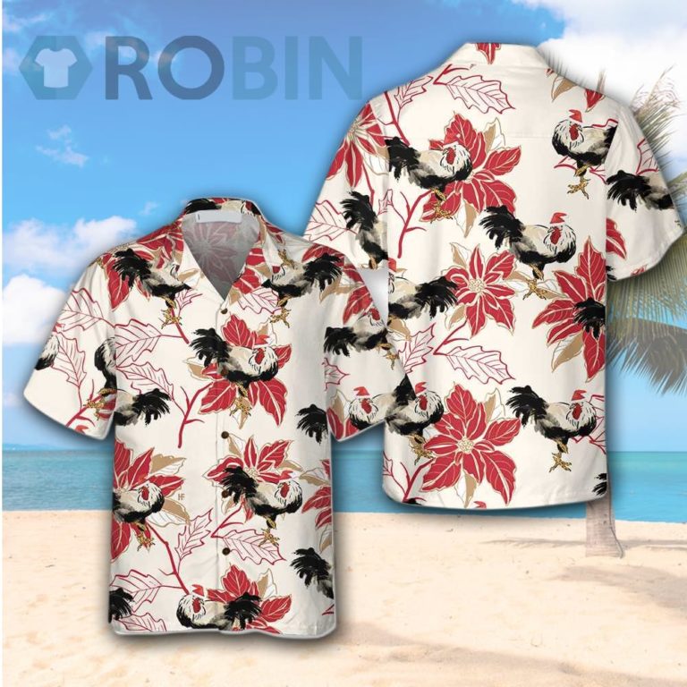 Christmas Rooster And Poinsettia Hawaiian Shirt