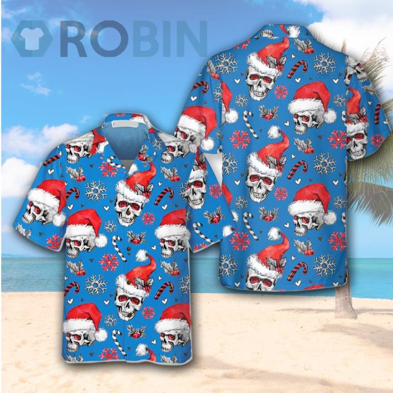 Christmas Skulls With Candy Canes Blue Version Christmas Hawaiian Shirt