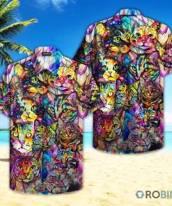 Colorful Cat In The World Aloha Shirt, Short Sleeve Button-up Shirt