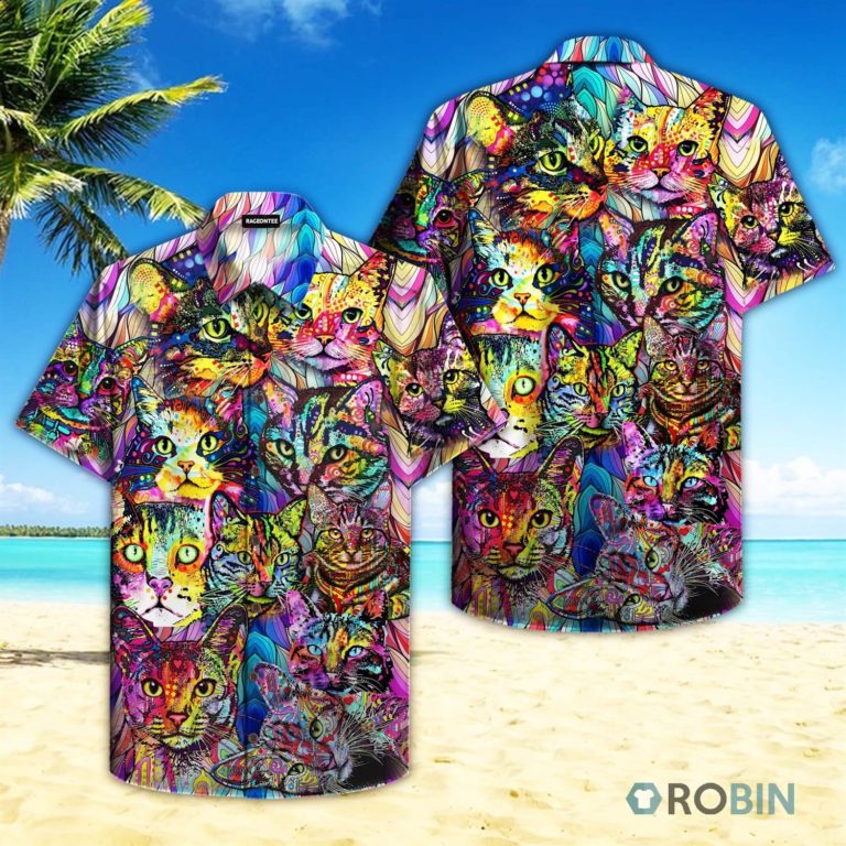 Colorful Cat In The World Aloha Shirt, Short Sleeve Button-up Shirt