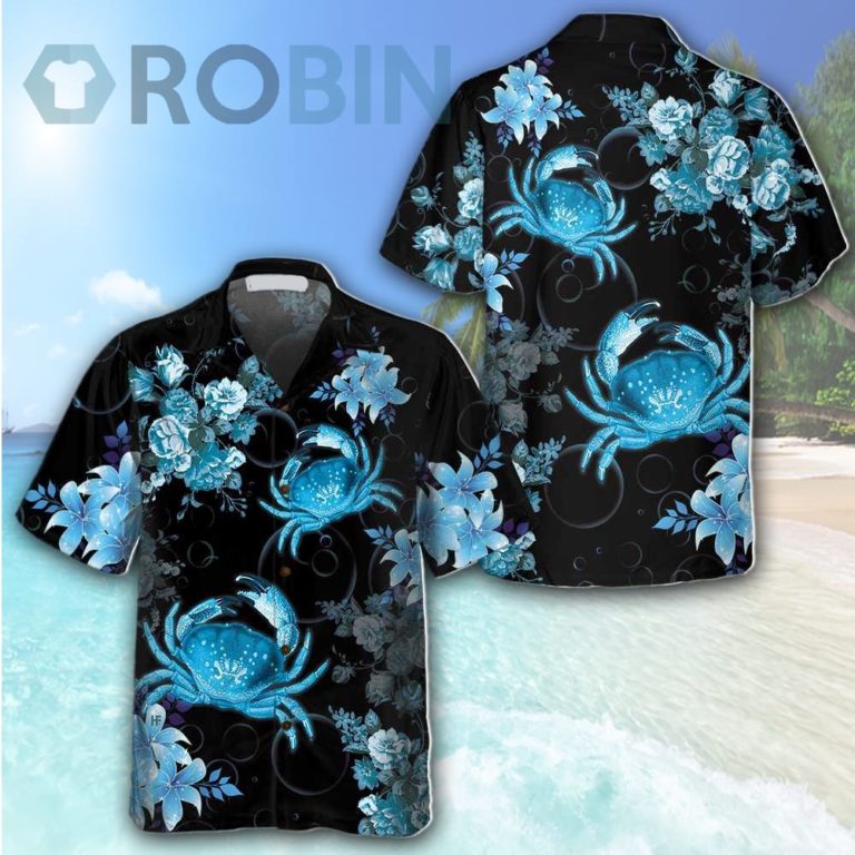 Crab In Blue Hawaiian Shirt Floral Crab Hawaiian Shirt