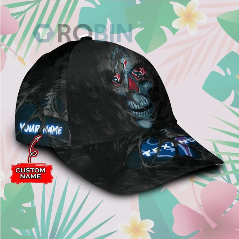 Custom Name Houston Texans Skull Torn Fabric Classic Baseball Cap Hat