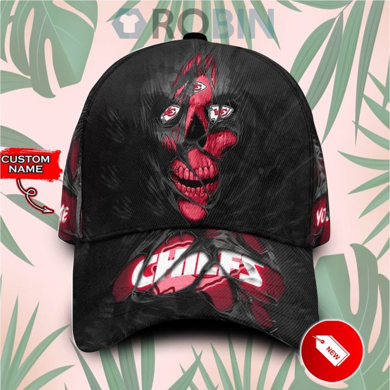 Custom Name Kansas City Chiefs Skull Torn Fabric Classic Baseball Cap Hat
