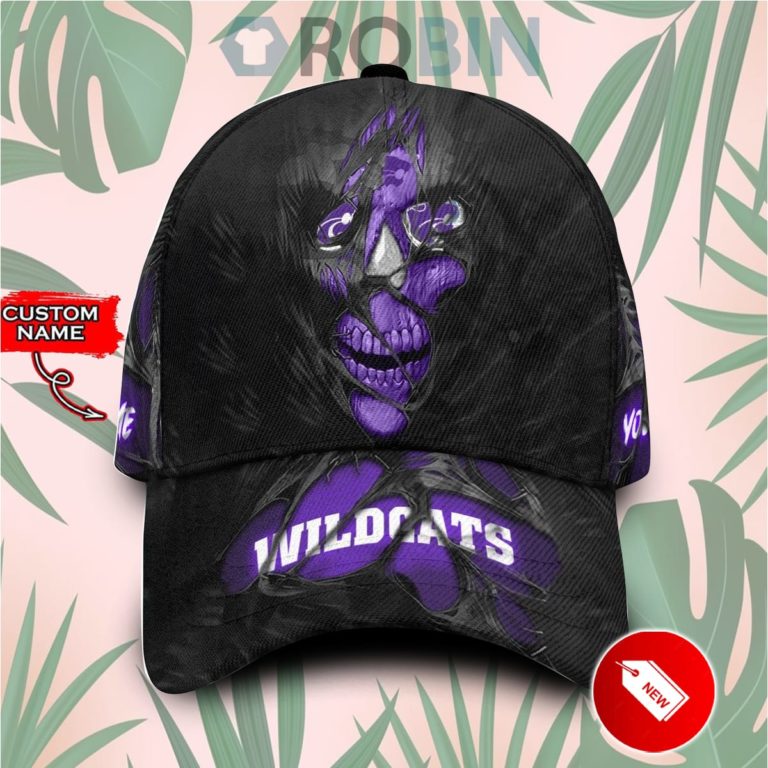 Custom Name Kansas State Wildcats Skull Torn Fabric Classic Baseball Cap Hat