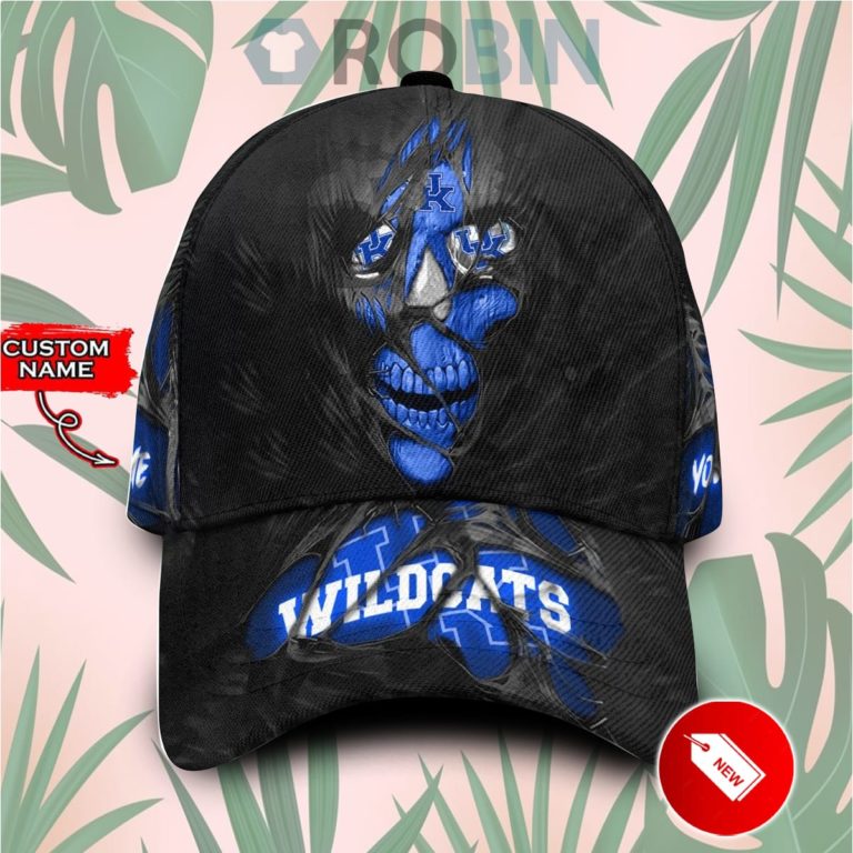 Custom Name Kentucky Wildcats Skull Torn Fabric Classic Baseball Cap Hat