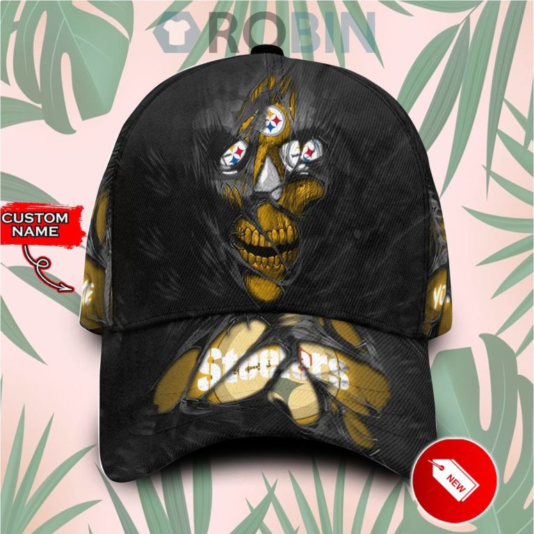 Custome Name Pittsburgh Steelers Skull Torn Fabric Classic Baseball Cap Hat