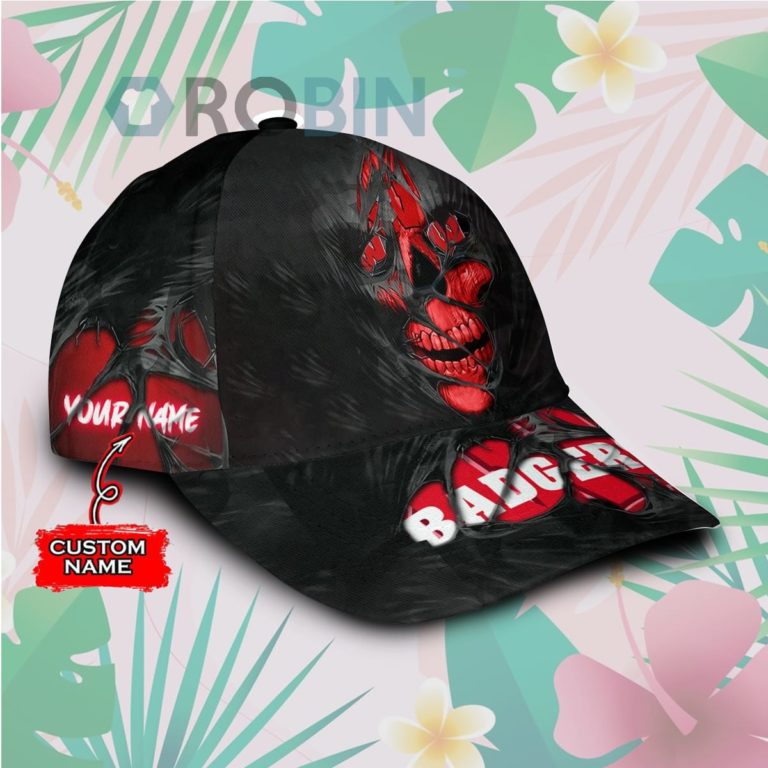 Custome Name Wisconsin Badgers Skull Torn Fabric Classic Baseball Cap Hat