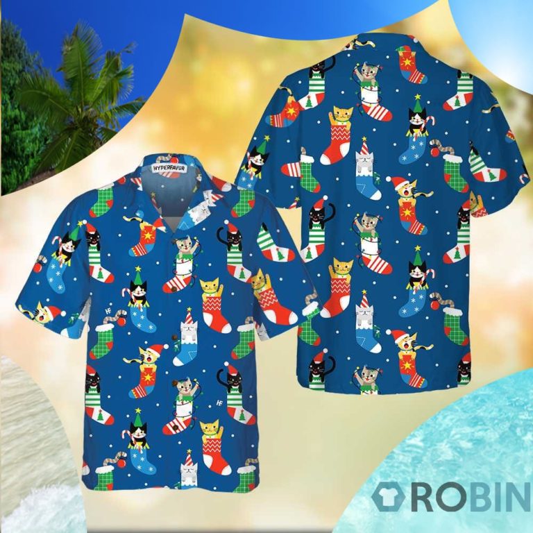 Cute Cats In Christmas Socks Hawaiian Shirt Christmas Cat Shirt