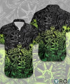 Green Motorbike Skull Mechanical Hawaiian Shirt