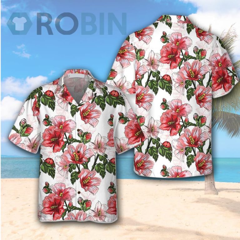 Hibiscus With Ladybug Seamless Pattern Hawaiian Shirt
