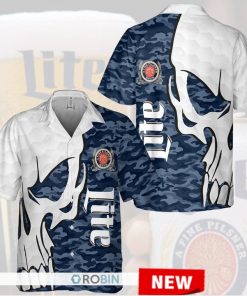 Miller Lite Navy Camo Skull Hawaiian Shirt, Button-down Shirt