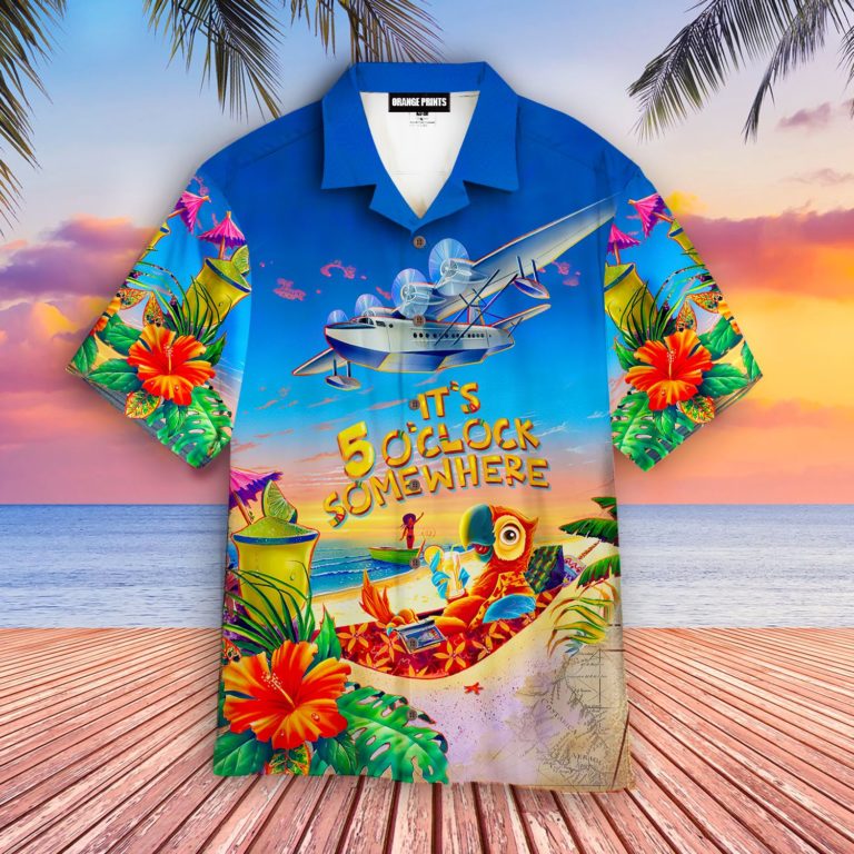 Parrot It’s 5 O’clock Somewhere Short Sleeve Button Down Hawaiian Shirt