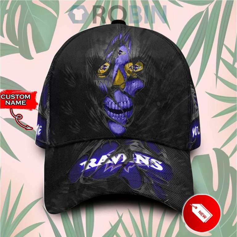 Personalized Baltimore Ravens Skull Torn Fabric Classic Baseball Cap Hat