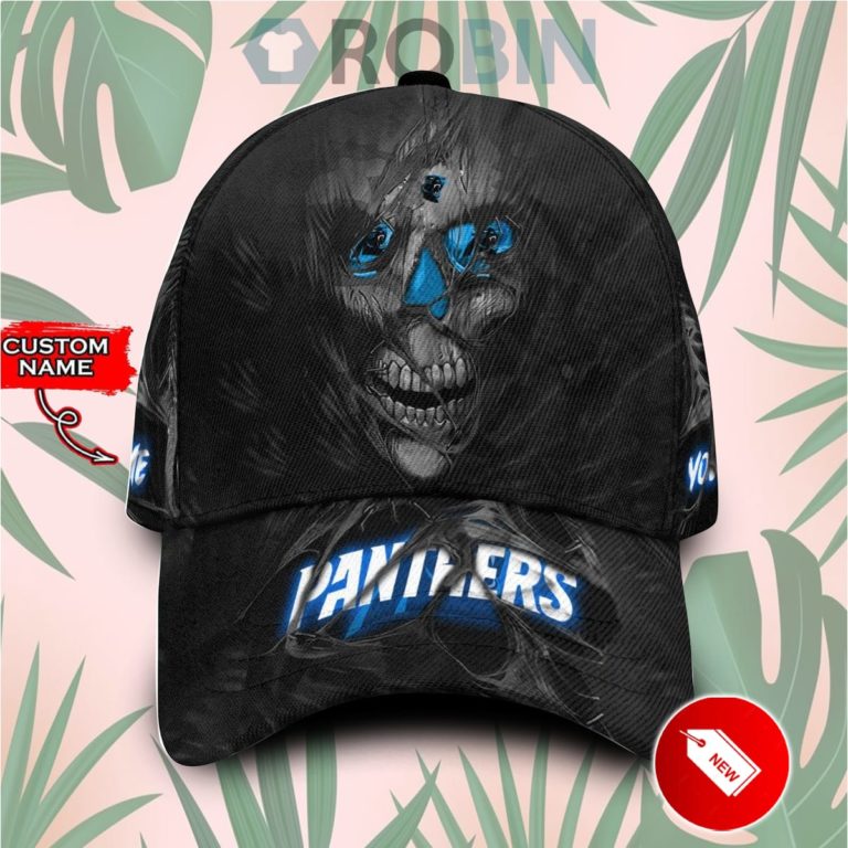 Personalized Carolina Panthers Skull Torn Fabric Classic Baseball Cap Hat