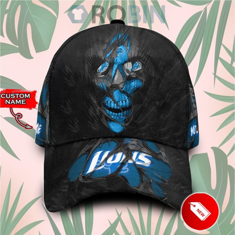 Personalized Detroit Lions Skull Torn Fabric Classic Baseball Cap Hat