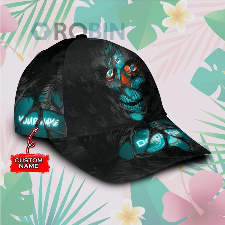 Personalized  Miami Dolphins Skull Torn Fabric Classic Baseball Cap Hat