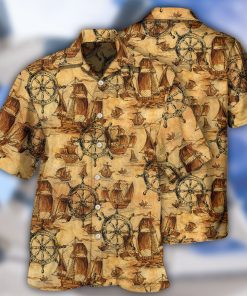 Ship Wheel Vintage Style Casual Button Down Hawaiian Shirt