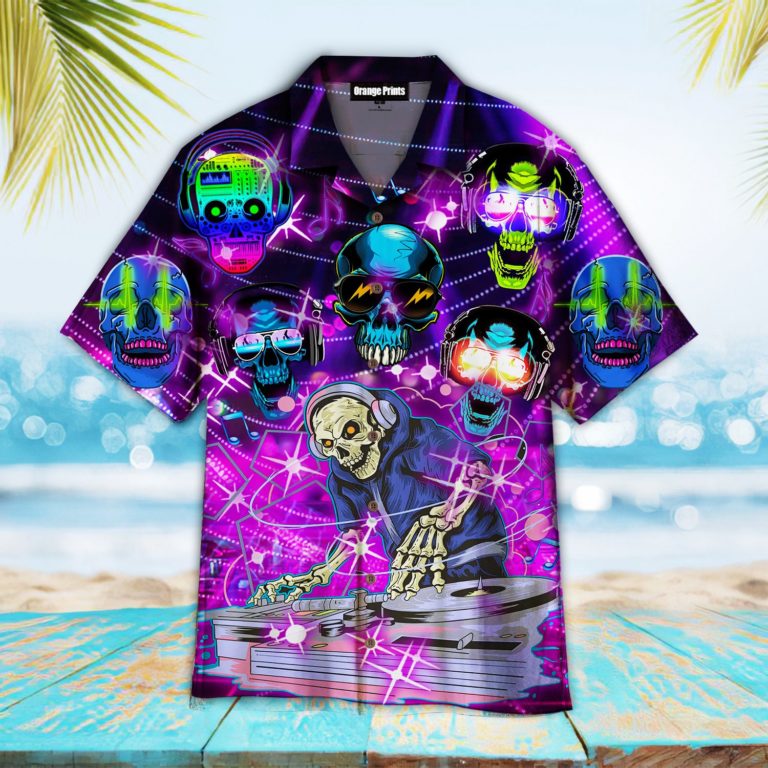 Skull Dj Music Party Casual Button Down Hawaiian Shirt