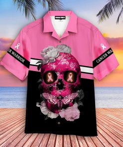 Skull Flower Breast Cancer Awareness Casual Button Down Short Sleeve Button Shirt