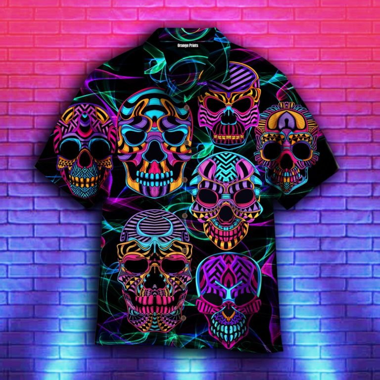 Skull Neon Glow Casual Button Down Short Sleeve Button Shirt