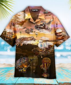 Steampunk Airship Sky Casual Button Down Short Sleeve Button Shirt