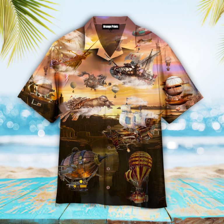 Steampunk Airship Sky Casual Button Down Short Sleeve Button Shirt