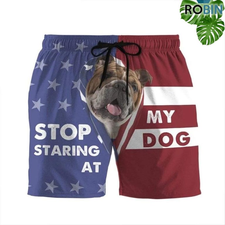 Stop Staring At My Dog Bulldog Beach Shorts Swim Trunks