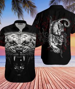 Tattoo White Tiger Casual Button Down Short Sleeve Button Shirt
