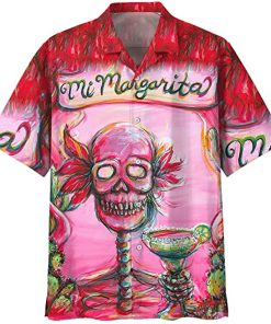Tequila Lover Margarita Skull Art Pink And Red Color Casual Button Down Short Sleeve Button Shirt