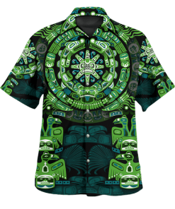 The Mayan Calendar Green Color Northwest Pacific Native American Casual Button Down Short Sleeve Button Shirt