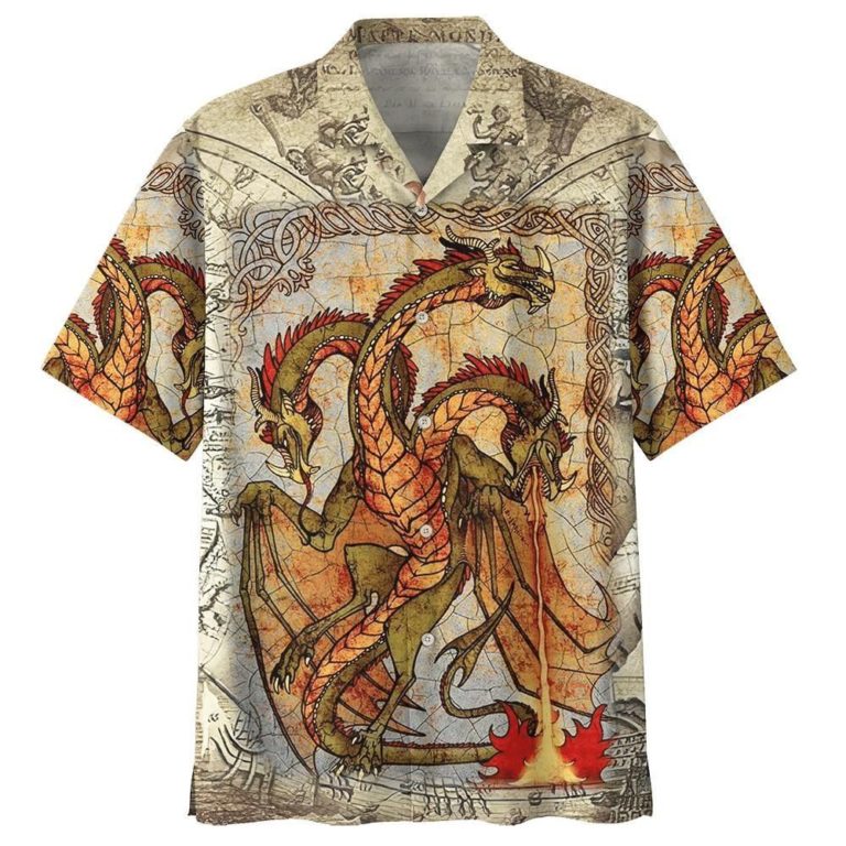 Three Headed Dragon Casual Button Down Short Sleeve Button Shirt