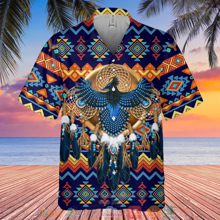 Thunderbird Native Pattern Blue Casual Button Down Short Sleeve Button Shirt