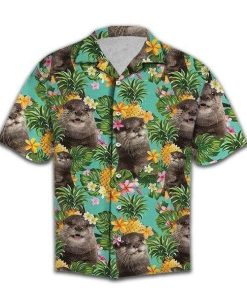 Tropical Pineapple Otter Unisex Aloha Casual Button Down Short Sleeve Button Shirt