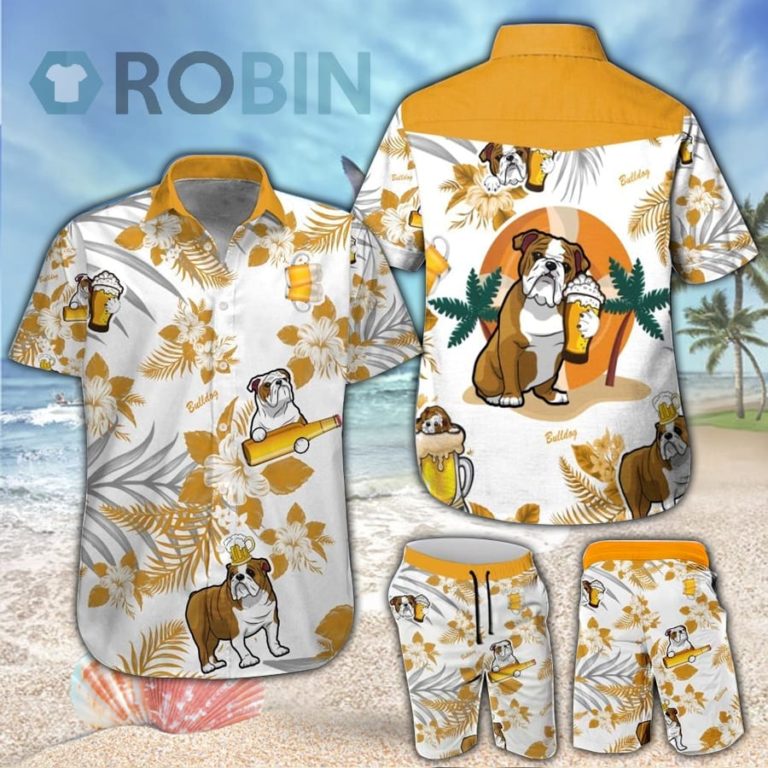 Yellow Bulldog & Beer Hawaiian Shirt & Shorts Set