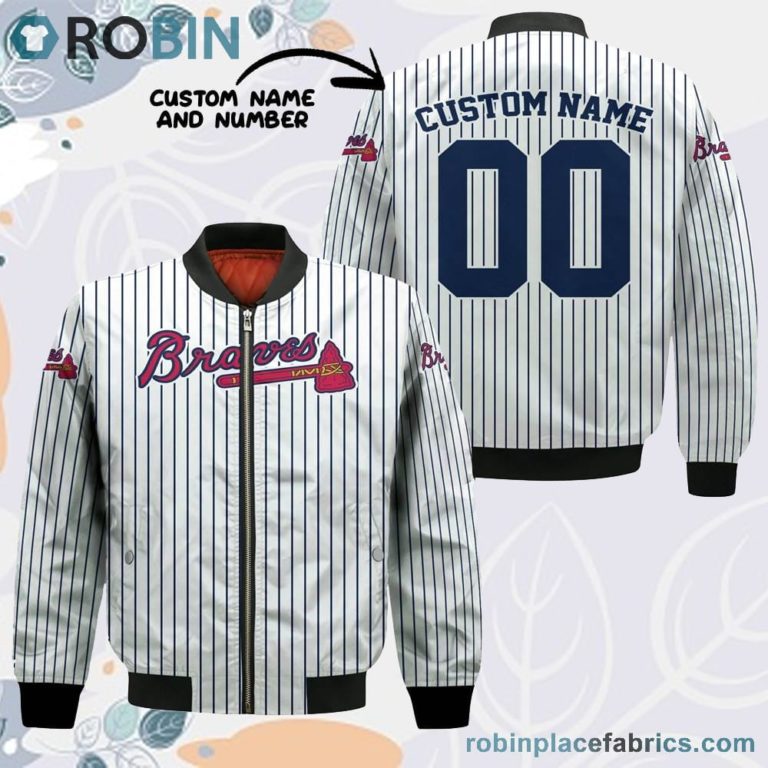 Atlanta Braves MLB Uniform Stripes Custom Name Number Leather Bomber Jacket