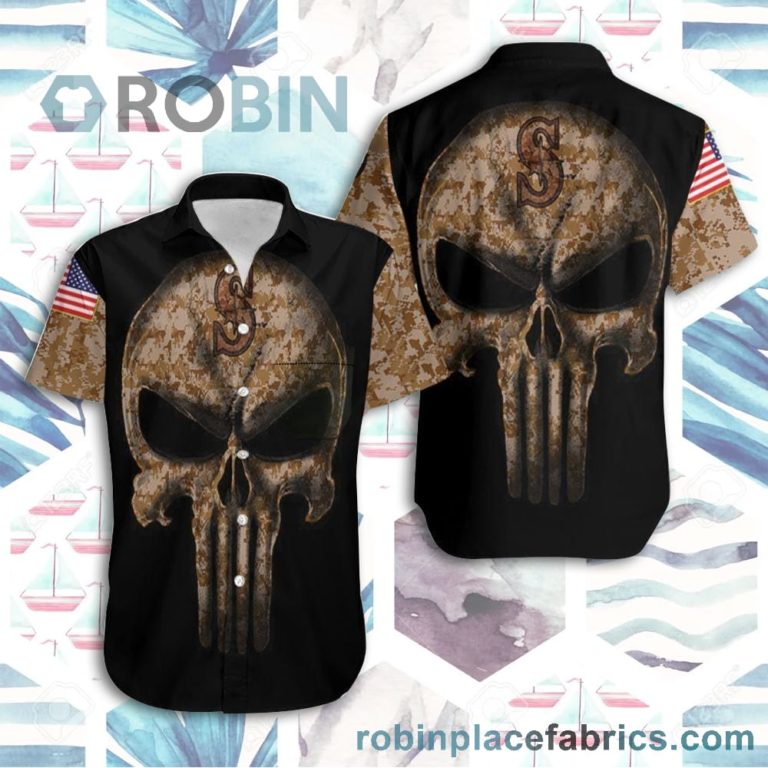 Beach Shirt Camouflage Skull Seattle Mariners American Flag Short Sleeve Button Down Hawaiian Shirt