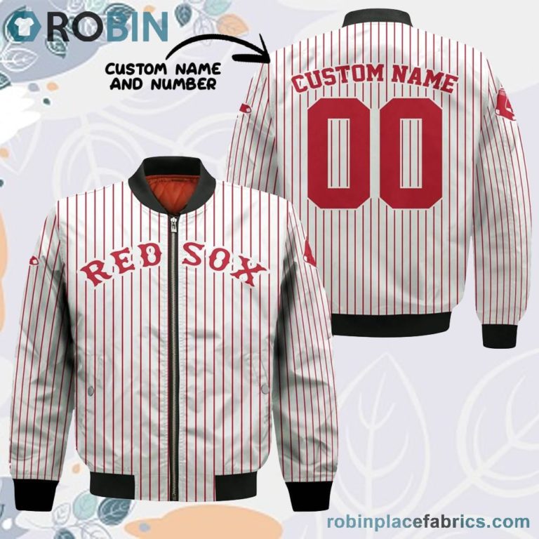 Boston Red Sox MLB Uniform Stripes Custom Name Number Leather Bomber Jacket