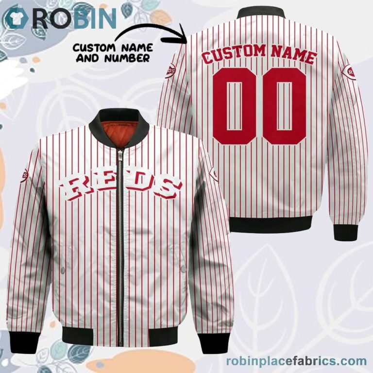 Cincinnati Reds MLB Uniform Stripes Custom Name Number Leather Bomber Jacket