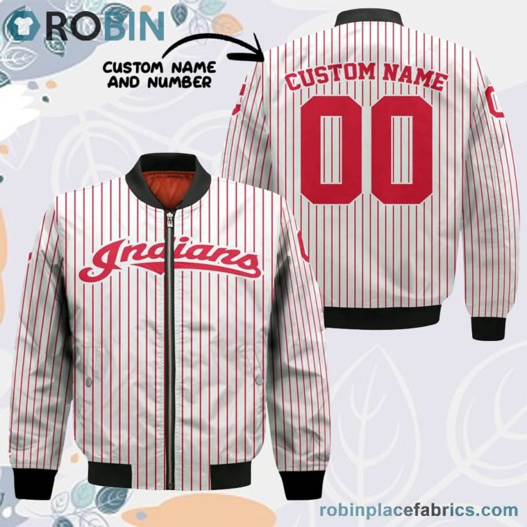 Cleveland Indians MLB Uniform Stripes Custom Name Number Leather Bomber Jacket