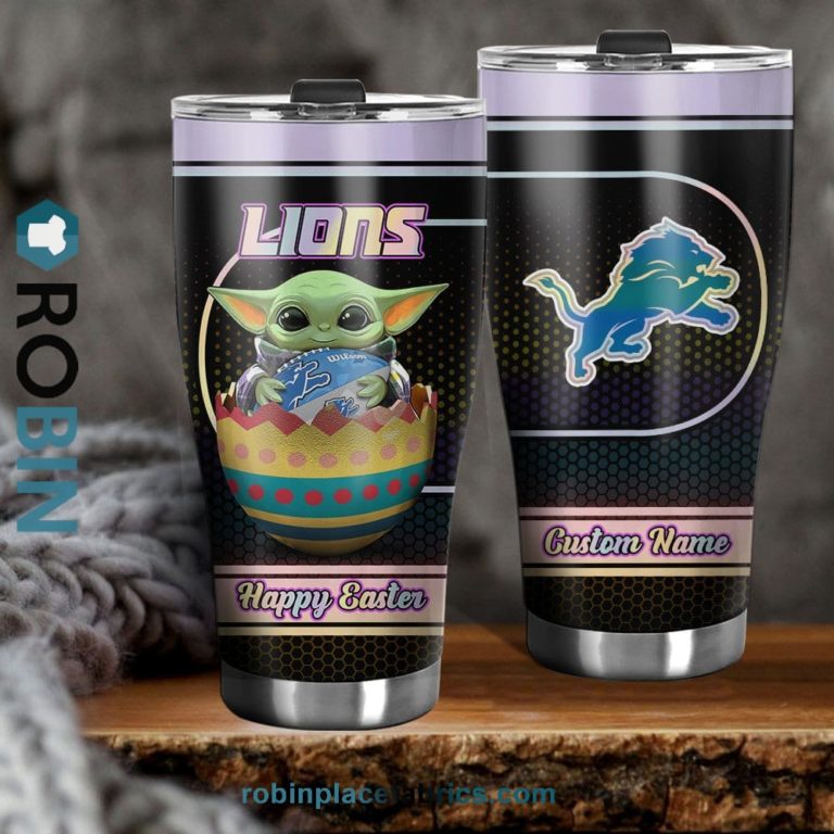 Detroit Lions NFL Baby Yoda Happy Easter Custom Name Tumblers Cup