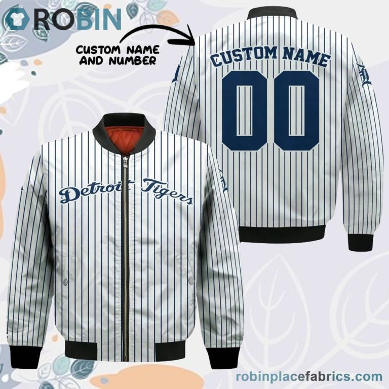 Detroit Tigers MLB Uniform Stripes Custom Name Number Leather Bomber Jacket